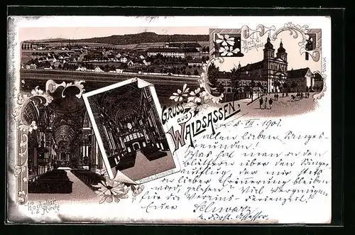 Lithographie Waldsassen, Hochaltar der Kirche, Pfarrhaus, Gesamtansicht