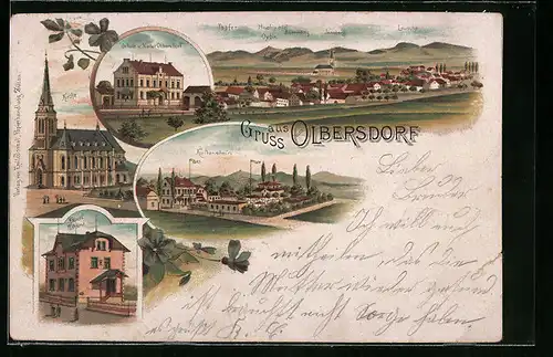 Lithographie Olbersdorf, Schule in Nieder Olbersdorf, Kirche, Kaiserl. Postamt, Totalansicht, Restaurant Kaltenstein
