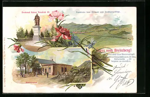Lithographie Grossschönau, Restaurant am Breiteberg, Denkmal Kaiser Friedrich III.