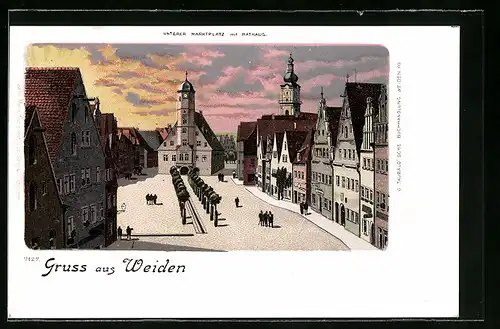 Lithographie Weiden, Unterer Marktplatz mit Rathaus