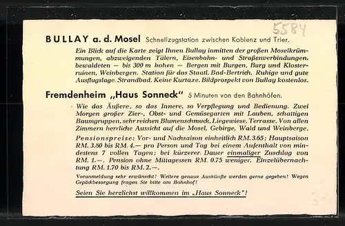 AK Bullay /Mosel, Gasthaus Fremdenheim Haus Sonneck