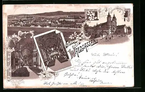 Lithographie Waldsassen, Ortsansicht, Blick zur Kirche mit Pfarrhaus, Hochaltar in der Kirche, Eingangsbereich