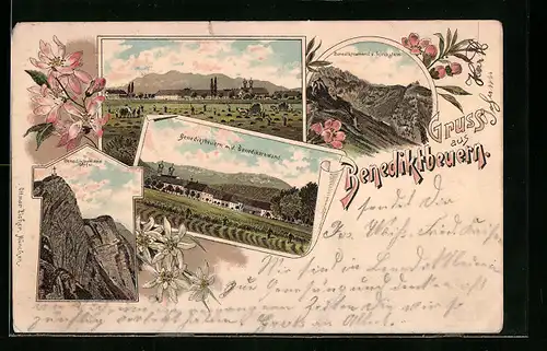 Lithographie Benediktbeuern, Totalansicht, Benediktenwand