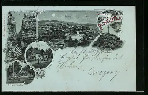 Mondschein-Lithographie Kötzting, Hoherbogen Diensthütte, Rauchröhren, Kreuzfelsen, Teilansicht