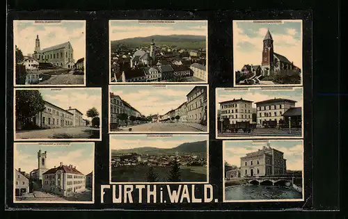 AK Furth i. Wald, Gesamtansicht, Amtsgericht, Protestantenkirche, Postgebäude, Stadtplatz