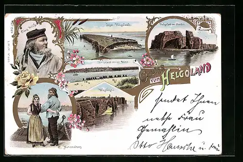 Lithographie Helgoland, Totalansicht, Ansicht von der Düne, Westküste