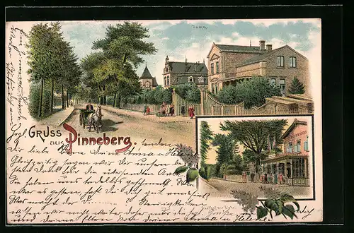 Lithographie Pinneberg, Gasthof zur Eiche, Damm mit Pferdewagen
