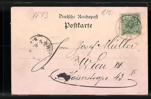 Vorläufer-Lithographie Ploen, 1893, Teilansicht, Biologische Station, Aussichtsturm und Kriegerdenkmal