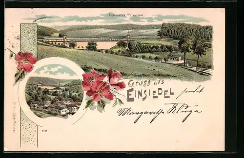 Lithographie Einsiedel, Thalsperre, Ortspartie