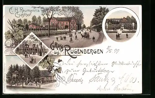 Lithographie Rugenbergen, Gasthof C. H. Reumann, Garten, Ortspartie