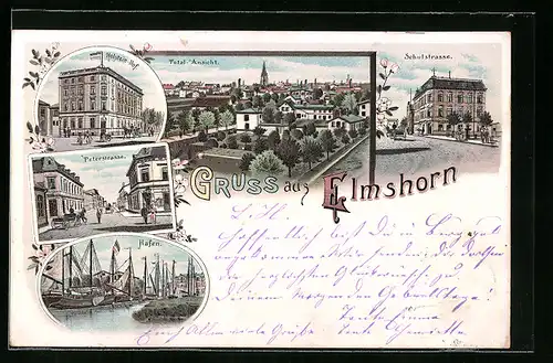 Lithographie Elmshorn, Hotel Holstein-Hof, Hafen, Schulstrasse