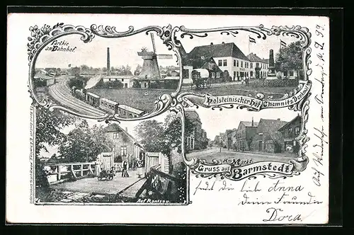 AK Barmstedt, Hotel Holsteiner Hof mit Chemnitz Denkmal, Partie am Bahnhof mit Windmühle, Auf Rantzau