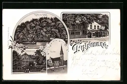 Lithographie Pinneberg, Bahnhof`s Hotel, Gasthof zur Eiche, Hütte im Fahlt