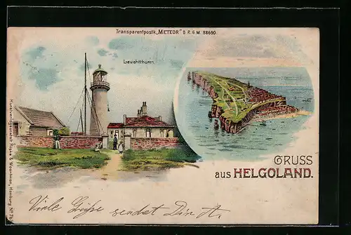 Lithographie Helgoland, Ortsansicht, Leuchtturm