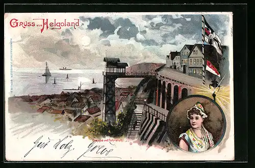 Lithographie Helgoland, Treppe und Fahrstuhl bei Mondschein, Frau in Tracht