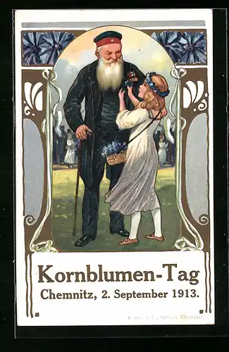 Künstler-AK Chemnitz, Kornblumen-Tag 1913, Mädchen steckt älterem Herrn eine Kornblume an