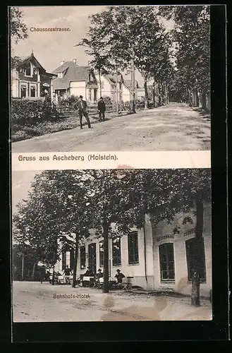 AK Ascheberg /Holstein, Bahnhofs-Hotel, Chausseestrasse mit zwei Männer