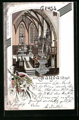 Lithographie Sayda i. Erzgeb., Inneres der Stadtkirche