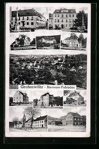 AK Grafenwöhr, Bierreise-Fahrplan, Gasthof Specht, Militär-Hotel, Bahnhof-Restaurant, Grüner Kranz