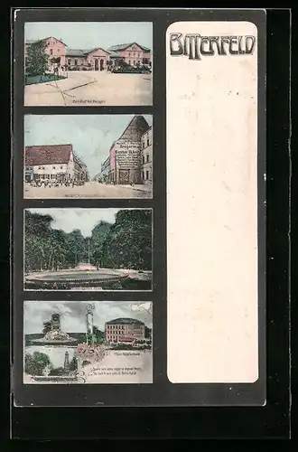 AK Bitterfeld, Bahnhof mit Anlagen, Markt- und Halleschestrasse