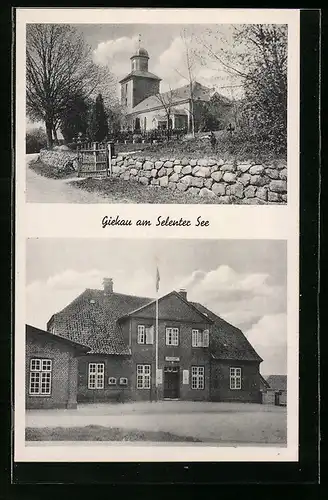 AK Giekau am Selenter See, Gasthaus, Kirche im Sonnenschein