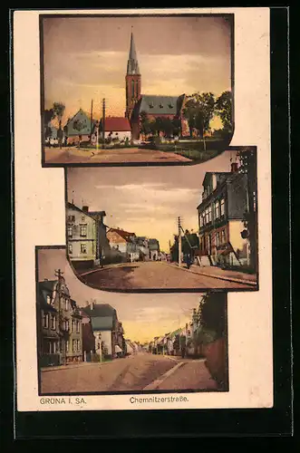 AK Grüna i. Sa., Abendstimmung in der Chemnitzerstrasse