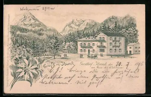Vorläufer-Lithographie Ilsank, 1895, Gasthof Ilsank am Fusse des Watzmann