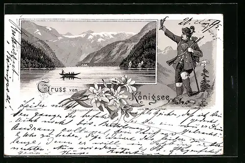 Vorläufer-Lithographie Königsee, 1895, Panoramablick vom Malerwinkel, Jäger mit Pfeife