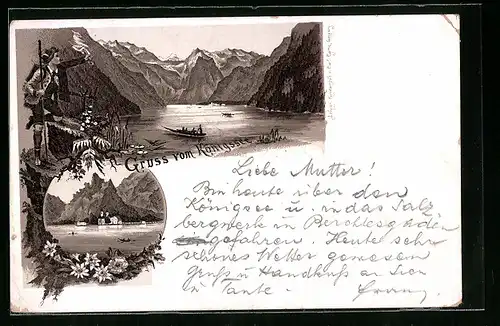 Vorläufer-Lithographie Königssee, 1894, Kirche am See mit Bergmassiv, grüssender Wanderer