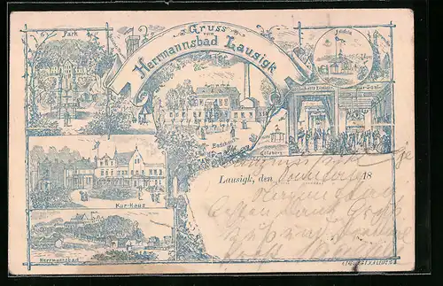 Vorläufer-Lithographie Lausigk, 1894, Kurhaus, Park, Herrmannsbad & Badehaus