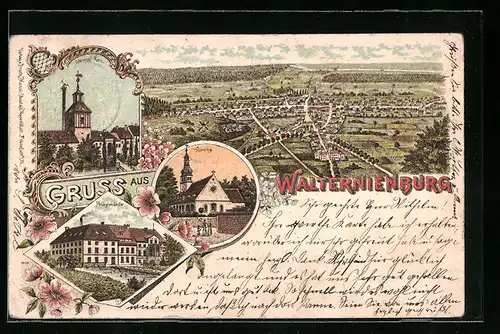 Lithographie Walternienburg, Poleymühle, Kirche, Herzogl. Amt, Panorama