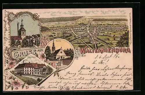 Lithographie Walternienburg, Poleymühle, Kirche, Herzogl. Amt, Panoramablick auf den Ort
