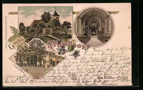 Lithographie Stumsdorf, Roegen`s Hotel, Pfarrkirche mit Innenansicht