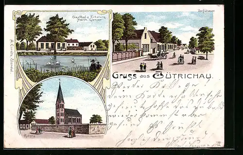 Lithographie Jütrichau, Gasthof zur Erholung, Dorfstrasse, Kirche