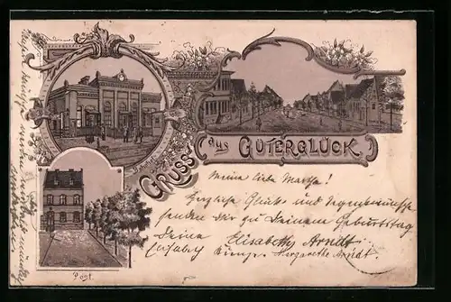Lithographie Güterglück, Bahnhof, Post, Ortspartie