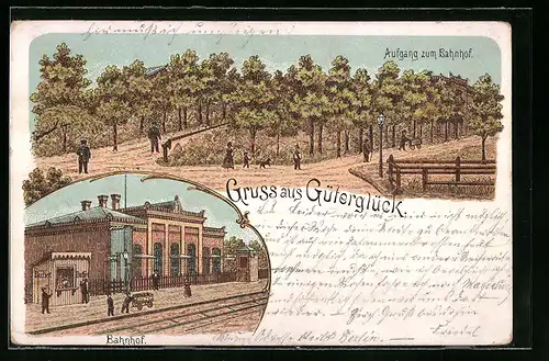 Lithographie Güterglück, Bahnhof von der Gleisseite, Aufgang zum Bahnhof