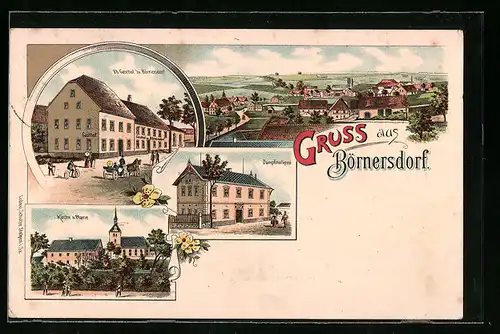 Lithographie Börnersdorf, Gasthof zu Börnersdorf, Dampfmolkerei, Kirche und Pfarre, Panorama