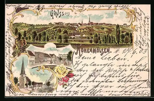 Lithographie Hohenmölsen, Neumarkt, Kirche mit Altmarkt