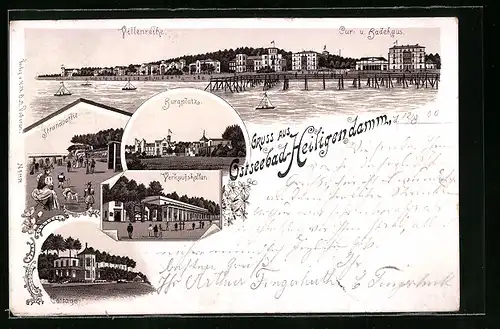 Lithographie Heiligendamm, Villenreihe, Kur- und Badehaus, Strandpartie, Burgplatz und Verkaufshalle mit Cottagen