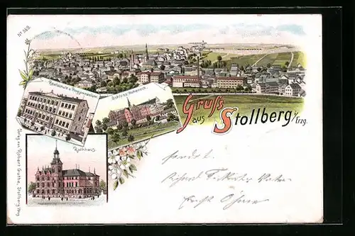 Lithographie Stollberg i. Erzgeb., Realschule und Progymnasium, Rathaus und Schloss Hoheneck
