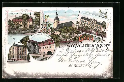 Lithographie Grosshartmannsdorf, Pfarrhaus und Kirche, Post, Innere Westseite des Rittergutes und Schule