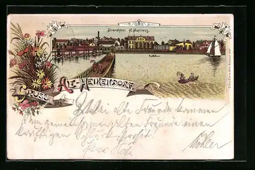 Lithographie Alt-Heikendorf, Strandhotel von H. Hartwig von der Seebrücke gesehen
