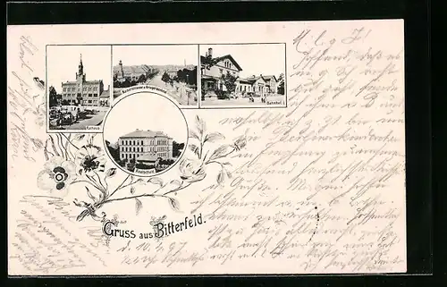 AK Bitterfeld, Rathaus, Realschule, Bahnhof und Kaiserstrasse mit Kriegerdenkmal