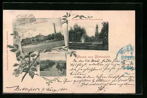 AK Bitterfeld, Kaiserstrasse, Actien-Brauerei, Springbrunnen mit Kriegerdenkmal