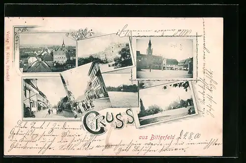 AK Bitterfeld, Versch. Strassenpartien, Marktplatz und Totalansicht aus der Vogelschau