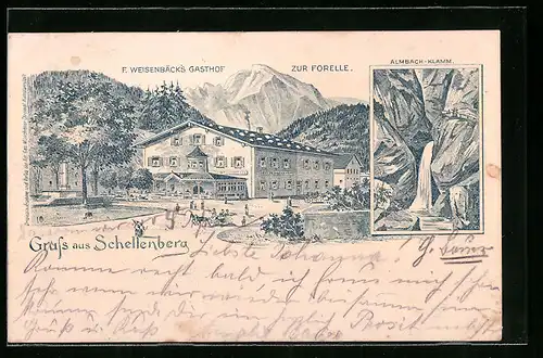 Lithographie Schellenberg, F. Weisenbäck`s Gasthof zur Forelle und Almbach-Klamm