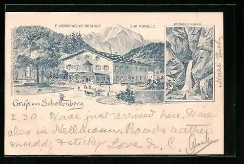 Lithographie Schellenberg, F. Weisenbäcks Gasthof zur Forelle, Almbachklamm