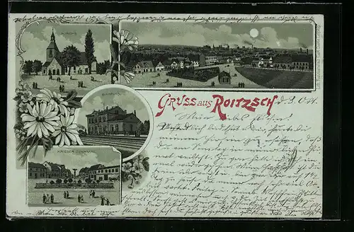 Mondschein-Lithographie Roitzsch, Kirche, Bahnhof, Kriegerdenkmal und Totalansicht