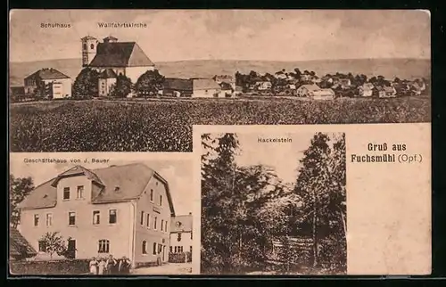 AK Fuchsmühl i. Opf., Schulhaus, Wallfahrtskirche, Gescäftshaus von J. Bauer und Hackelstein