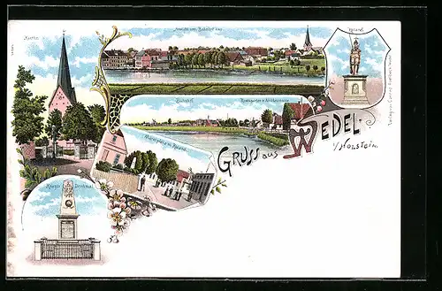 Lithographie Wedel i. Holst., Kirche, Totalansicht, Marktplatz mit Roland und Kriegerdenkmal